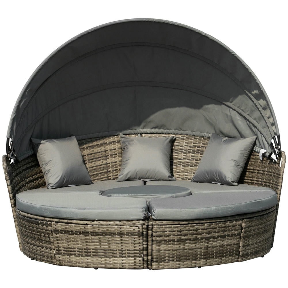 GVN Outdoor Daybed Set, Outdoor Bed Loveseat Set,4-Piece Round Convertible Daybed, Outdoor PE Rattan Patio Wicker Sofa Set with 2 Chairs, Table, 3 Pillows, Dark Gray