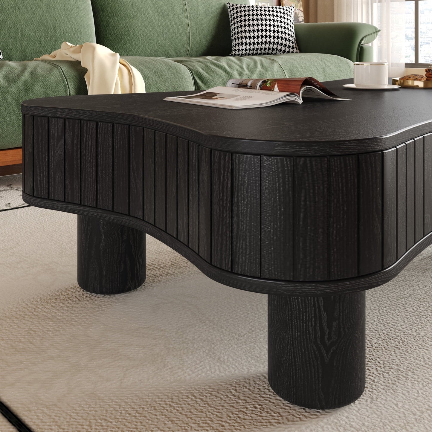 Lift Top Coffee Table for Living Room 42" - Fluted Panel Hidden Storage, Silent Hydraulic Lift, Curved Safety Corners, 5 Min Assembly (27"W X 13-18.9"H, Black)