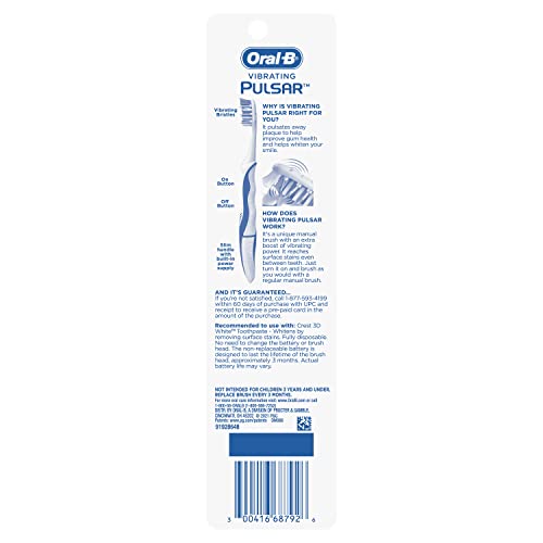 Oral-B Pulsar, Battery Powered 3D White Advanced Vivid Soft Toothbrush Twin Pack, Tooth Brush Pack, Travel Essentials (Colors May Vary)