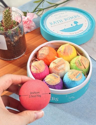 Aofmee Bath Bombs, 7pcs Bubble Bath Bombs for Women, Natural Handmade Fizzies Gift Set, Spa Organic Bathbombs for Kids, Essential Oil Personal Care Bath Gift for Birthday Mothers Day Christmas