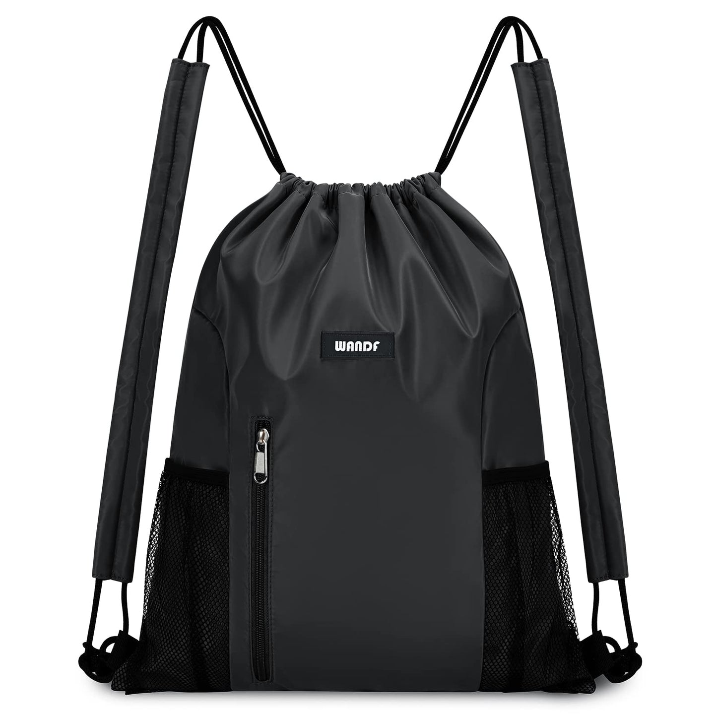 WANDF Drawstring Backpack with Shoulder Pad Sports Gym Backpack with Mesh Pocket String Bag for Women Men(Black)