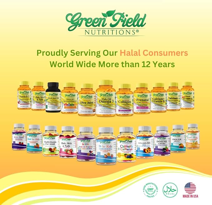 Greenfield Nutritions Halal Vitamin D3 Gummies for Adults - 2000 IU (50 mcg), 90 Gummy Halal Vitamins - Non-GMO Gluten Gelatin Free Vegetarian Halal Vitamin D - Supports Bone Heart & Immune Health
