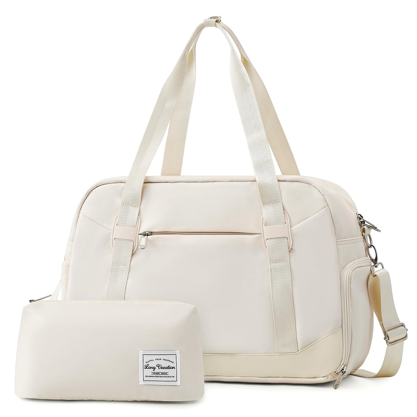 LONG VACATION Women's Travel Duffel Bag with Toiletry Bag, Sports Gym Bag Weekendeer Carry-on Tote with Shoe Compartment and Wet Pocket, Yoga Bag Fit 15.6inch Laptop (APRICOT WHITE, 18-inch)