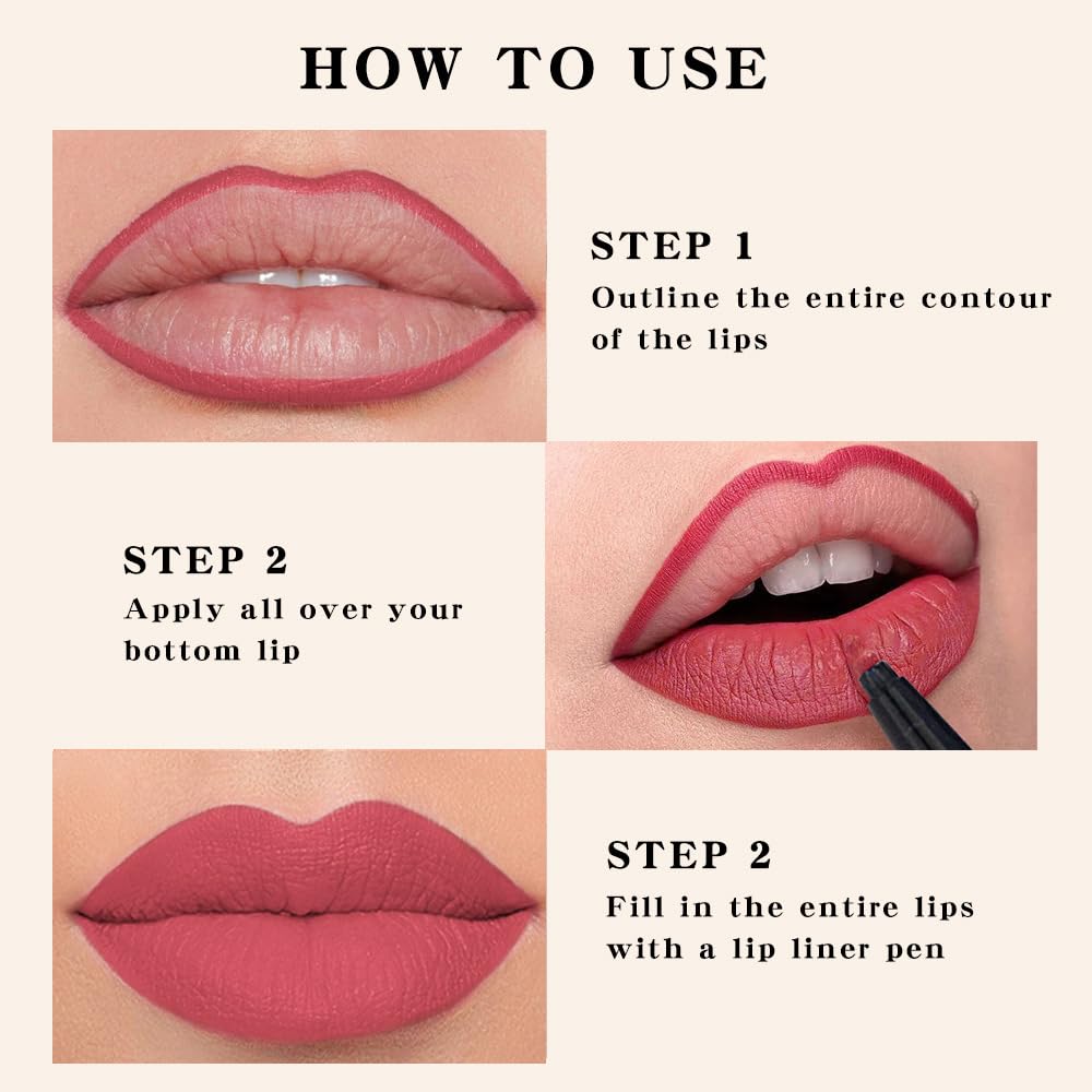 evpct Longwear Liquid Lip Liner Stain Marker Pen Long Lasting Waterproof, Pink Red Matte Semi Permanent 24 Hour Lip Liner and Lipstick Combo, Korean Color Stay Lipliner All Day, Lips Stain peel off