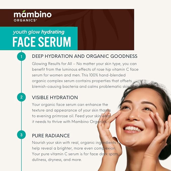 Mambino Organics Youth Glow Hydrating Serum, Vitamin C Face Serum with Marula, Rosehip Oil, Revitalizing Skin, Fades Dark Spots, Smooths Texture, Organic, Vegan, Skin Care, 1 fl oz, 3-Pack