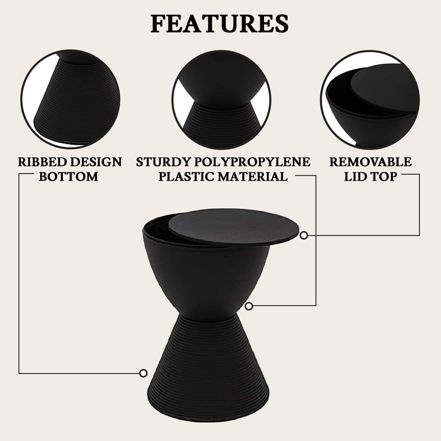 LeisureMod Ribbed Hourglass Side Table with Storage – ABS Drum Accent Table, Removable Lid, Indoor/Outdoor Use – Boyd Series