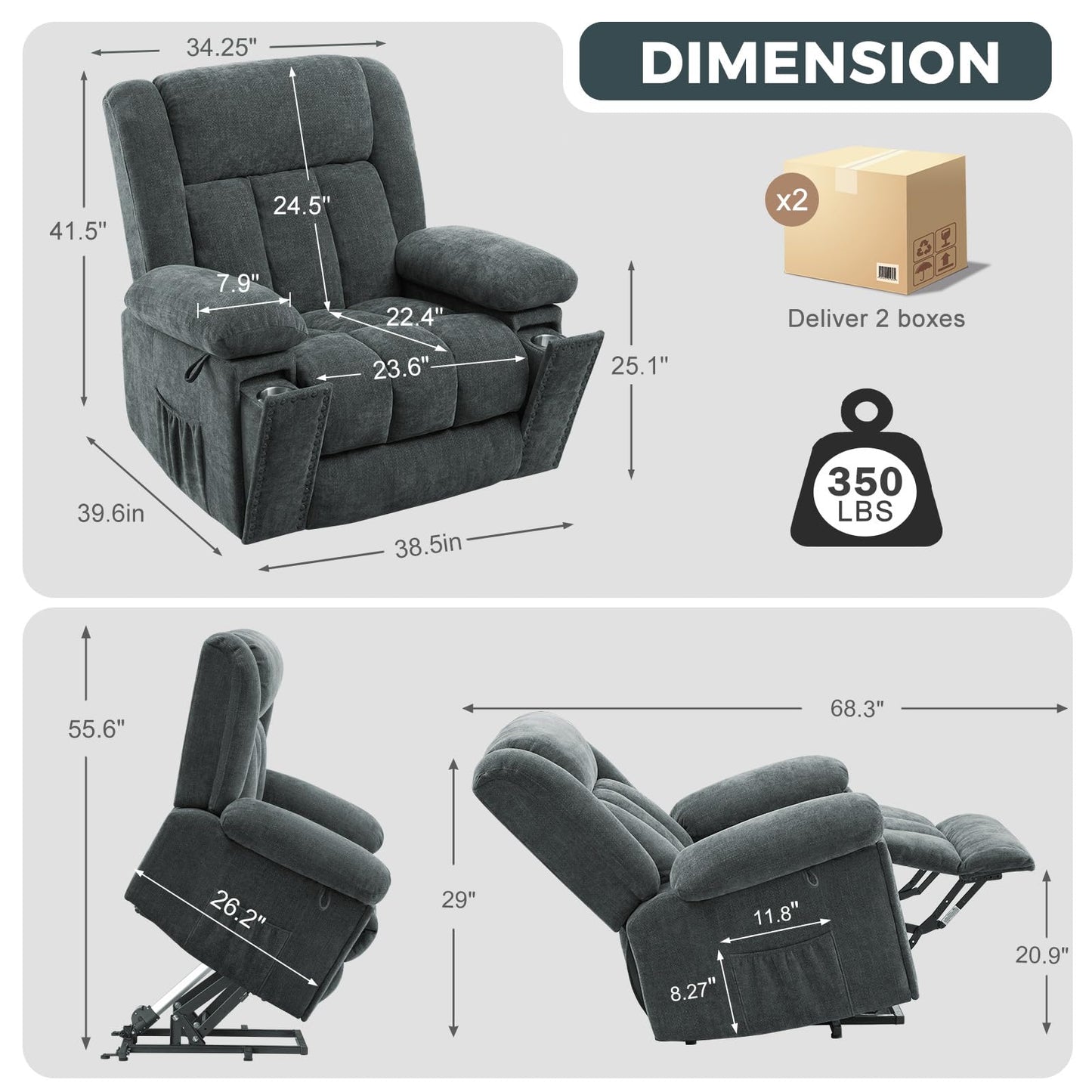 SENYUN Electric Power Lift Recliner Chair for Elderly with Heat & Massage, Chenille Large Reclining Chairs w/2 Concealed Cup Holders for Seniors Home Living Room,1PC,Grey Blue