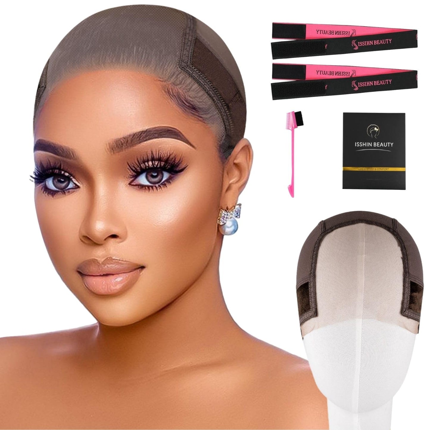 Lace Wig Grip Cap for Women - Small Size Snug Fit 4x5 Transparent Swiss Lace Non-slip Glueless Wig Gripper with Ear-Cutouts Adjustable Velcro Headband (Brown)
