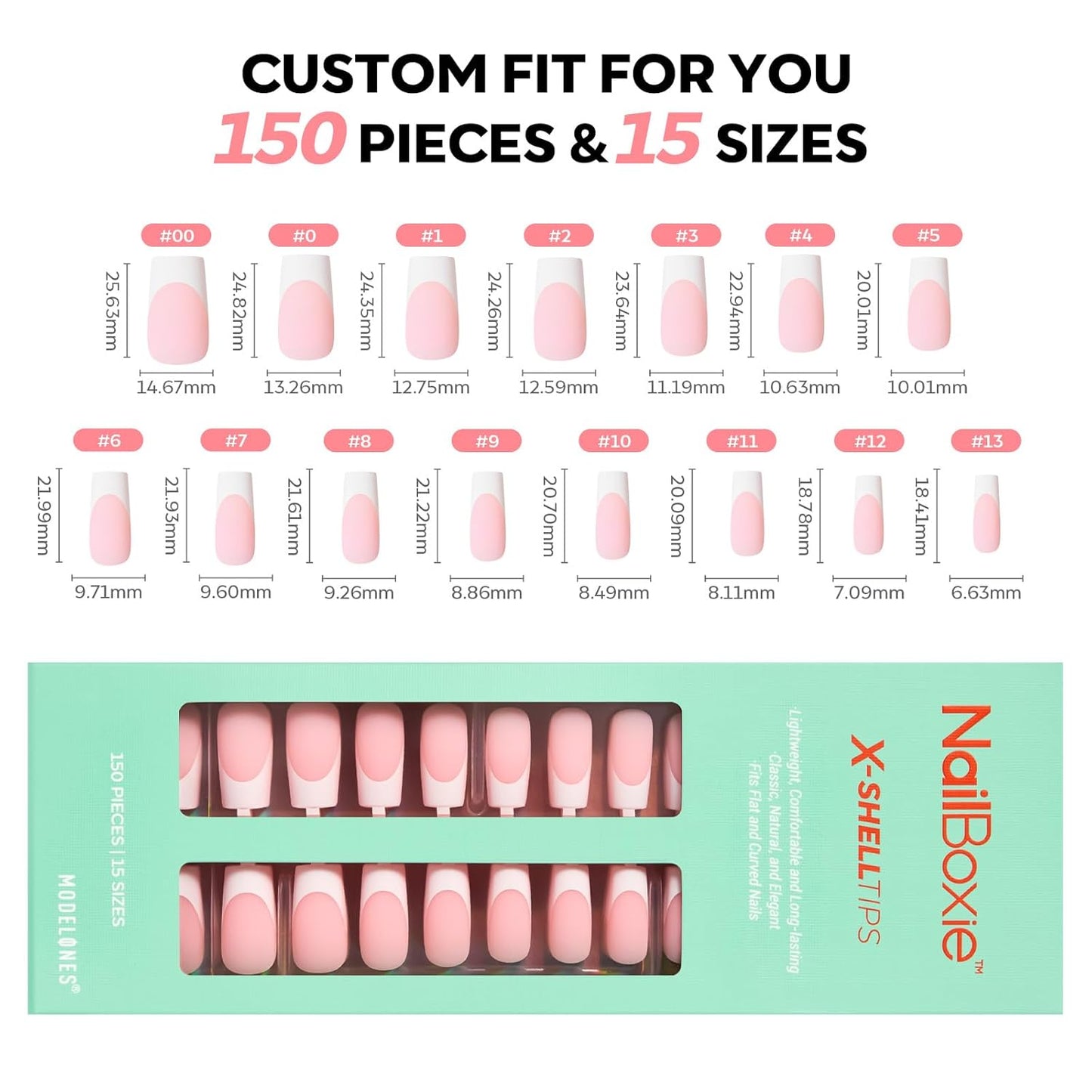 modelones French Tip Press on Nails, 150Pcs Long Square Fake Nails with Nail Box, Pink & White Gel Nail Tips for Women, Soft Glue-On Nails for Natural Salon Look, DIY Nail Art Kit (15 Sizes)
