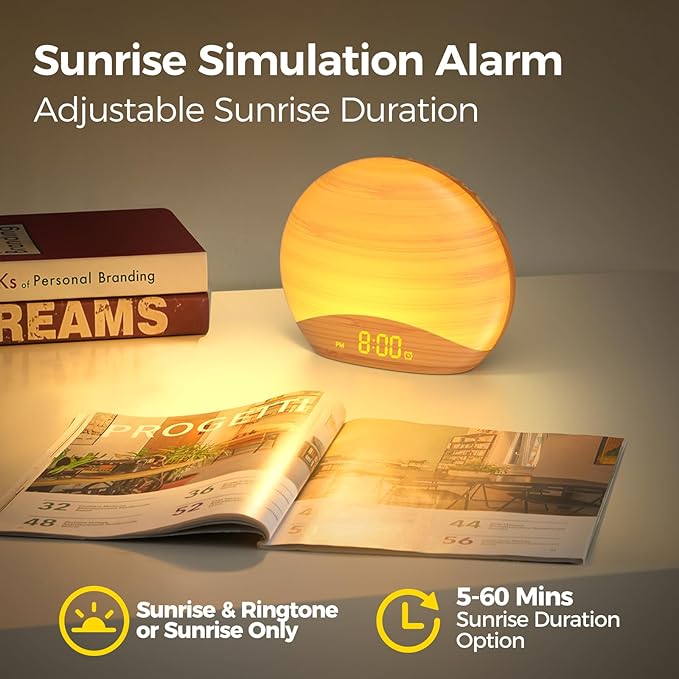 REACHER Natural Wood Grain Sound Machine Sunrise Alarm Clock,26 Nature Inspired Sleeping Sounds, 0-100% Dimmable Clock, Night Light,Brown/Pink/White Noise Sound Machine for Babys, Kids, Adults