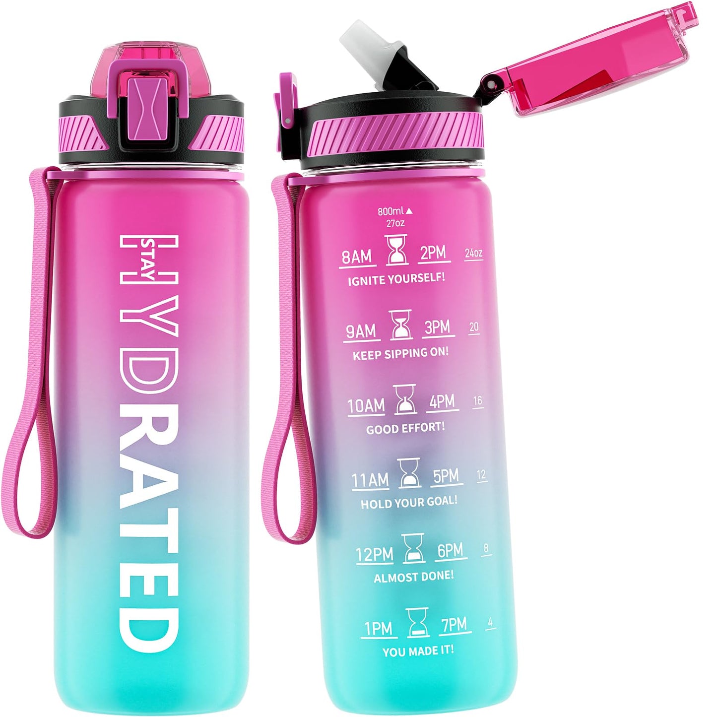 QLUR Water Bottle with Straw, 27 oz Motivational Water Bottles with Time Marker to Drink, Tritan BPA Free, 800ml Sports Water Bottle with Carry Strap LeakProof for School Fitness Outdoor (1Pack)
