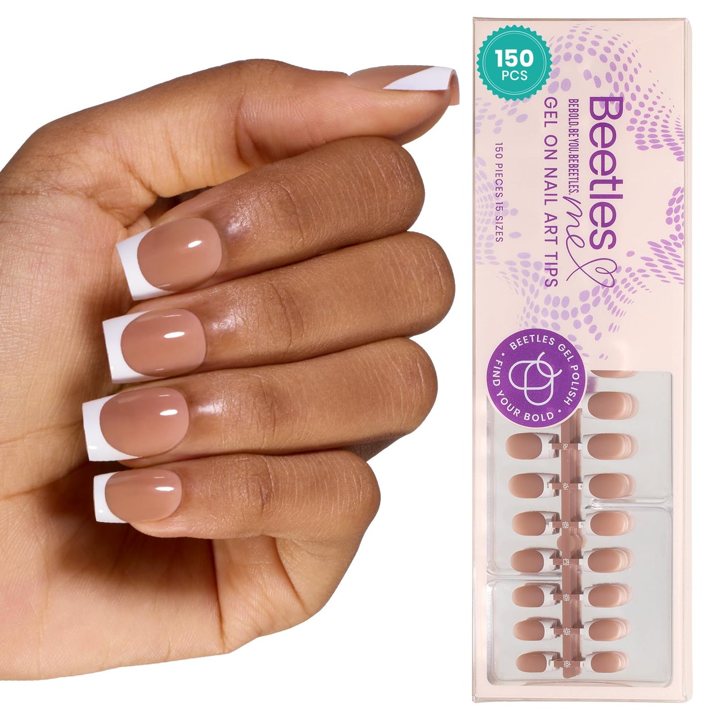 Beetles Pre-French Tips Gel Nail Tips for Dark Skins- 4 in 1 150 PCS Short Square Brown French Tip Press on Nails Etch X Pre-Primer Base Coat, No File Need Easy False Nail Tips DIY Gift for Women