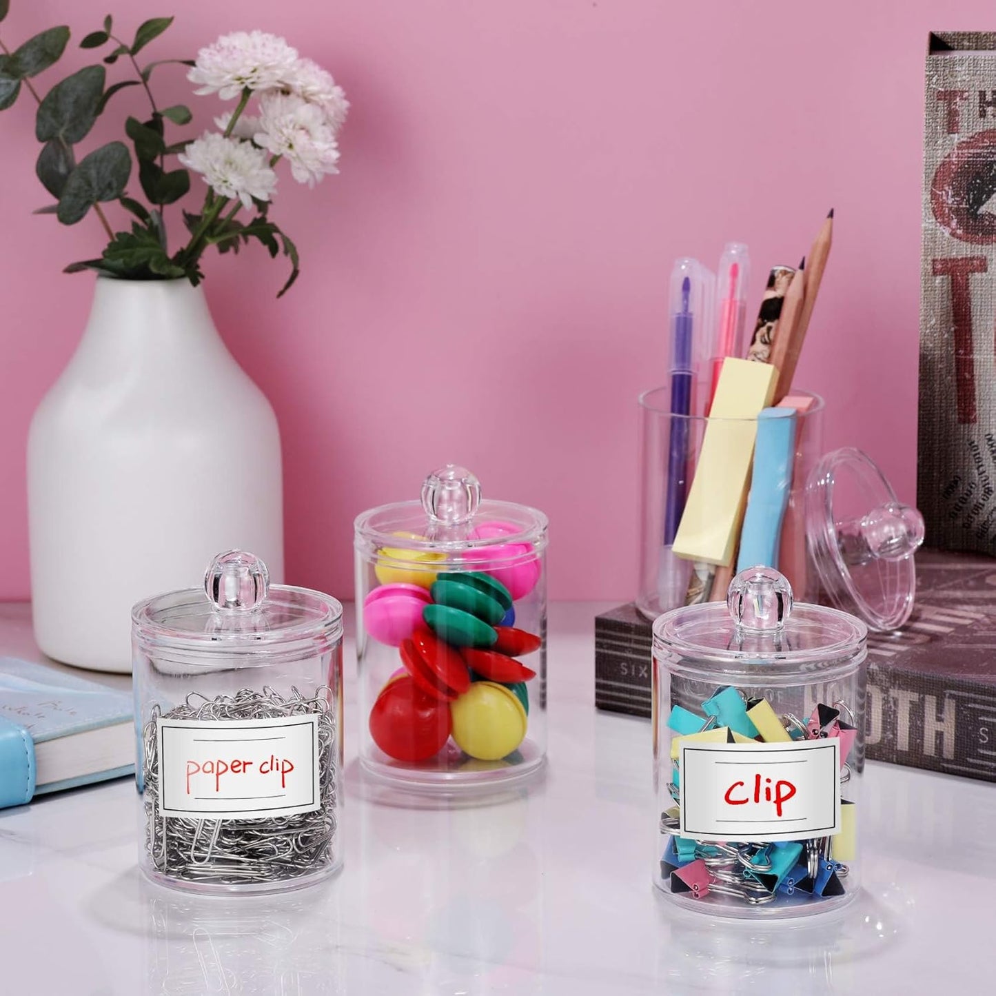 AOZITA 6 Pack Acrylic Qtip Holder Dispenser for Cotton,Swab, Ball, Round Pads, Floss Picks - Clear Plastic Apothecary Jar Set, Bathroom Canister Storage Organization, Vanity Makeup Organizer