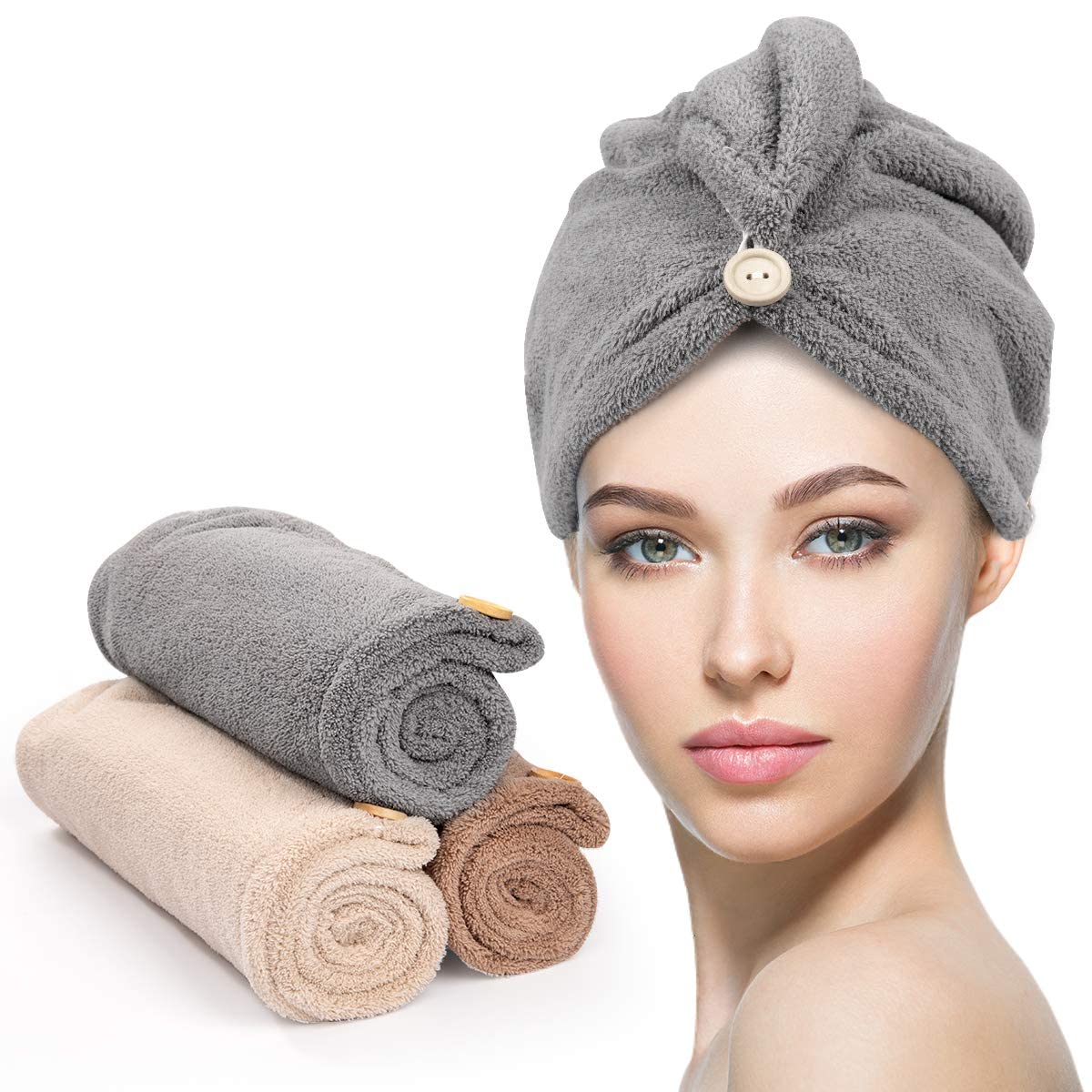 YFONG 3 Pack Hair Drying Towels, Hair Towel with Button, Super Absorbent Microfiber Hair Towel for Curly Hair, Fast Drying Hair Wraps for Women Girls, Microfiber Towel for Hair