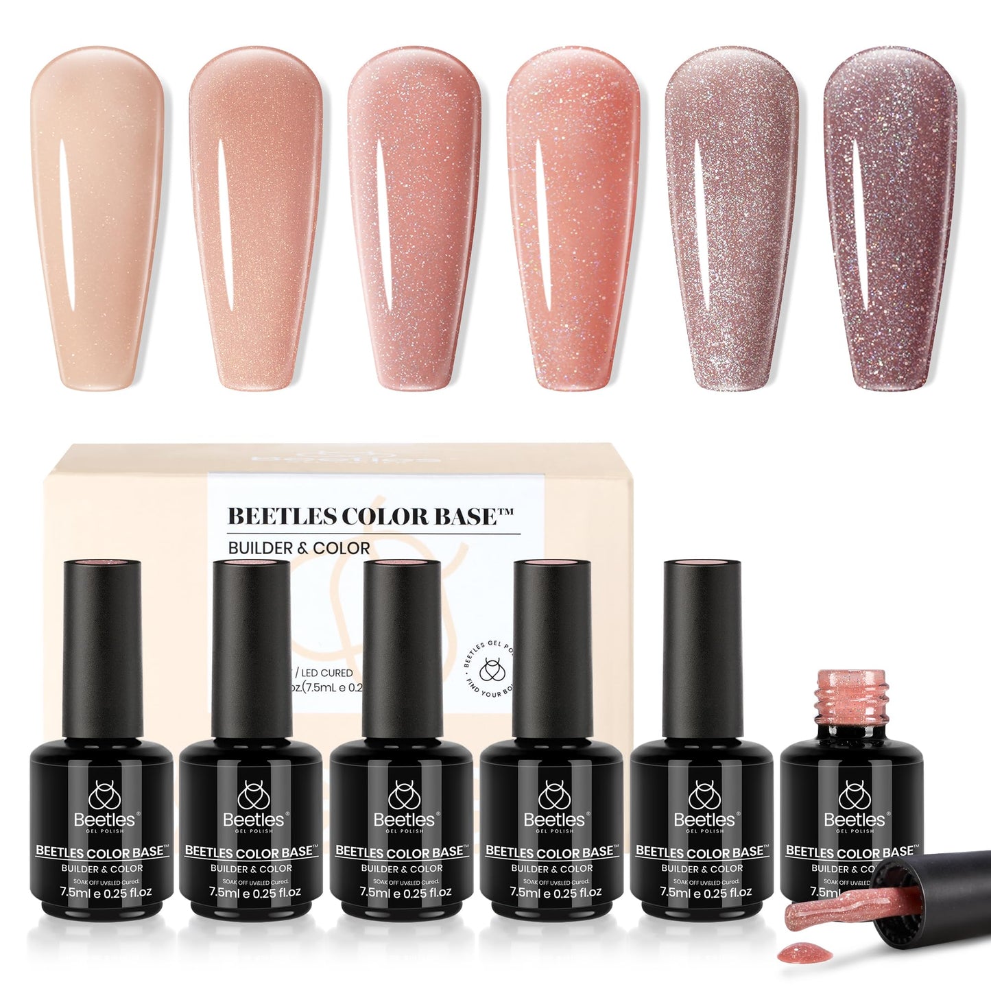 Beetles Rubber Base Color Gel Nail Polish, 6 Colors 5 IN 1 Nude Rubber Base Gel Neutral Sheer Pink Peach Glitter Gel Nail Polish for Thin Nails Soak Off Nail Art Design Gifs for Women