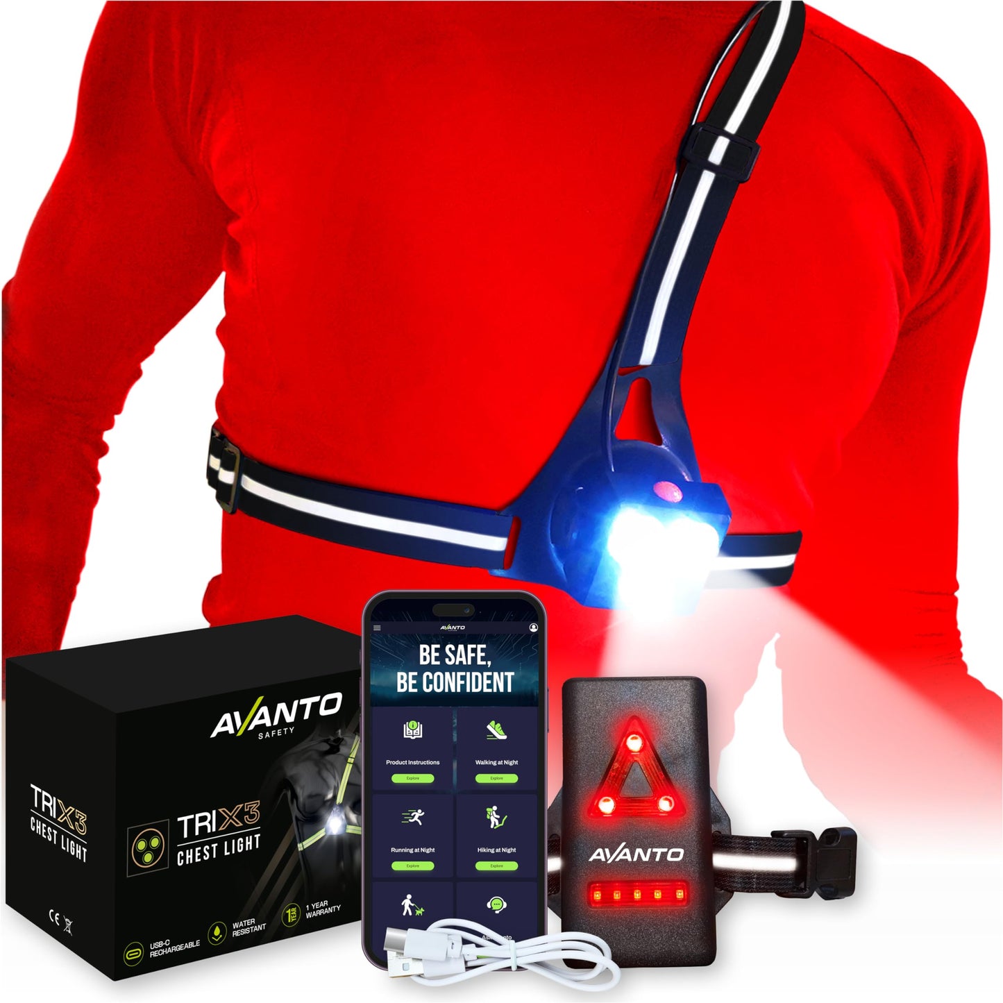 AVANTO Triple Beam Chest Lamp, Original, 500 Lumen LED Night Running Lights for Runners, Dog Walking Light, Long 5-7h Usetime, USB-C Rechargeable Battery, Running Headlamp, Reflective Vest, Black