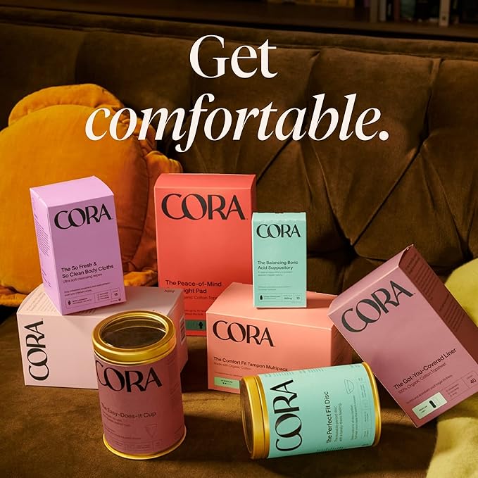 Cora Ultra Thin Organic Bladder Liners | Incontinence & Postpartum Pads for Women | Panty Liners for Bladder Leaks | Breathable Cotton (72 Long)