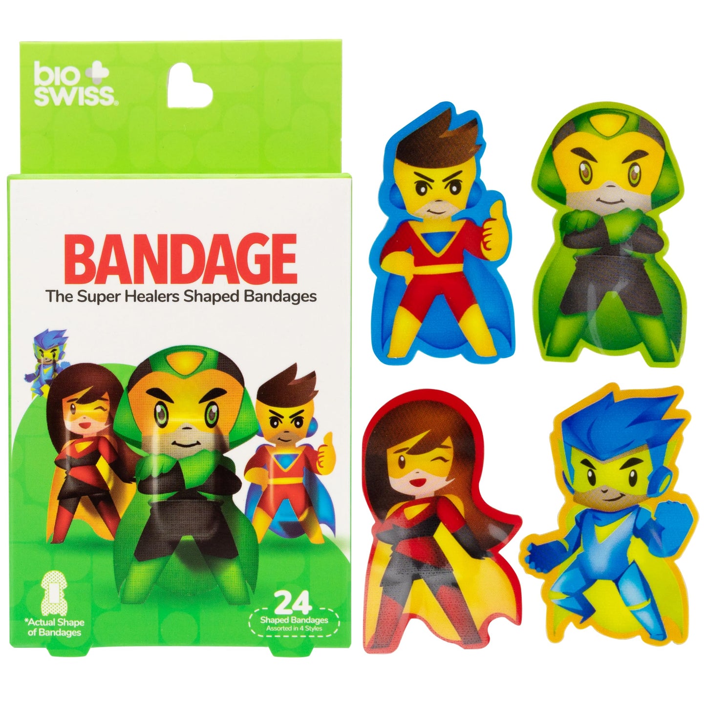BioSwiss Bandages, Super Healers Superhero Shaped Self Adhesive Bandage, Latex Free Sterile Wound Care, Fun First Aid Kit Supplies for Kids and Adults, 24 Count