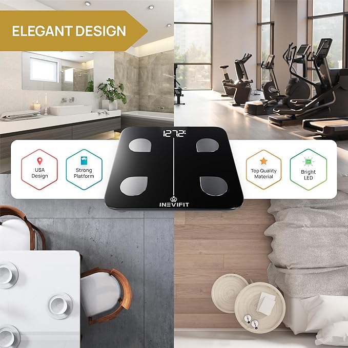 INEVIFIT Smart Body Fat Scale, BMI Highly Accurate Bluetooth Digital Bathroom Body Composition Analyzer. Measures Body Fat, Water, Muscle, Bone Mass & More for Unlimited Users