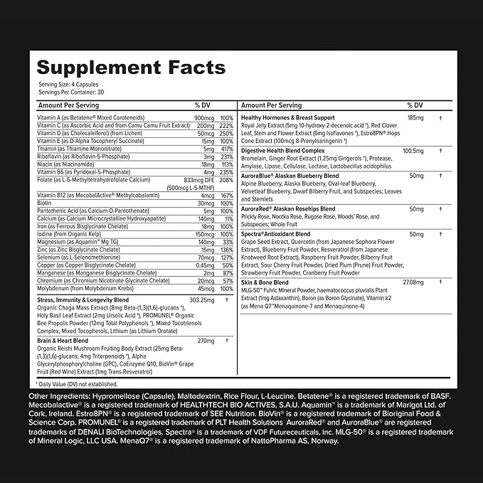 Whole Food Natural One-a-Day Multivitamin and Mineral Capsules for Women – All-Day Energy, Inner Zen, and Stronger You (120 Capsules)