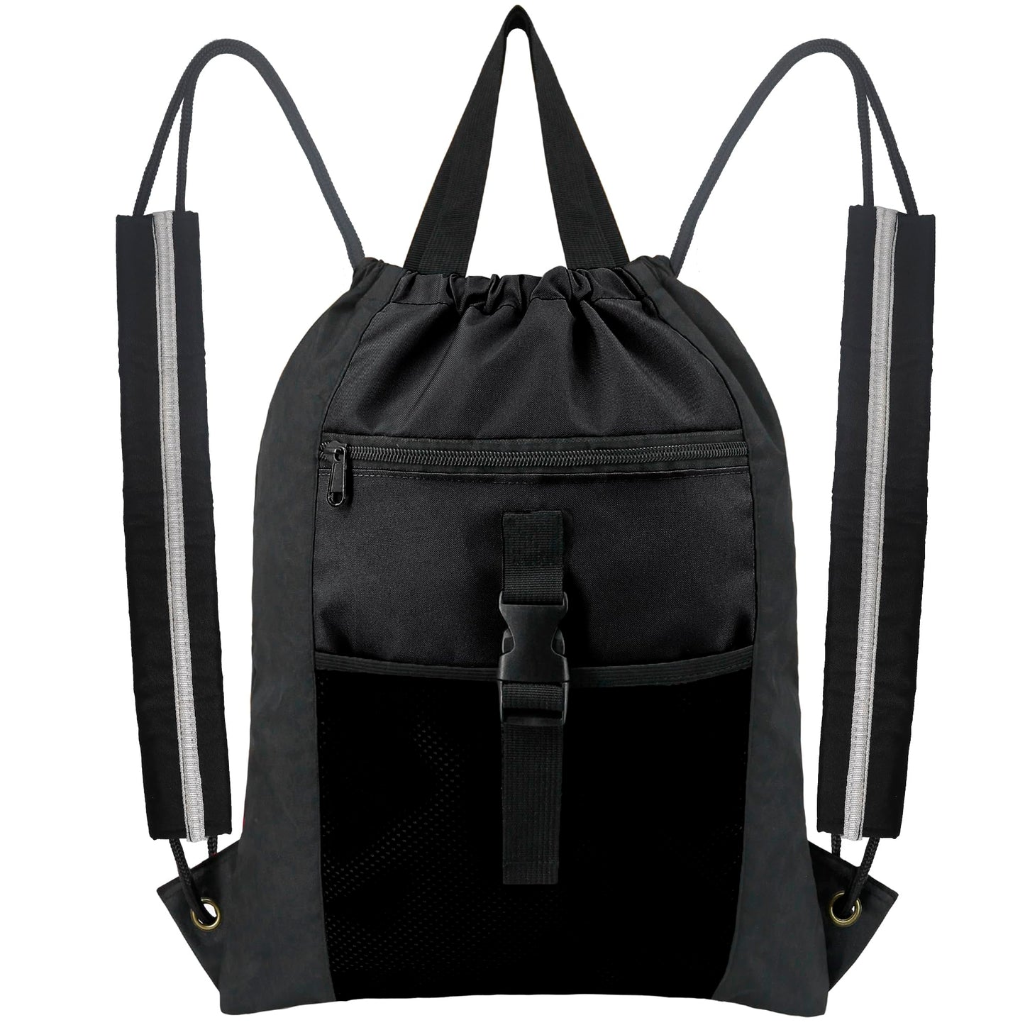 BeeGreen Drawstring Backpack X-Large Gym Bag with Inner Zipper Pocket for Men Women Waterproof Basketball Soccer Sport Bag w Mesh & Zipper Pocket Cinch Sack Black