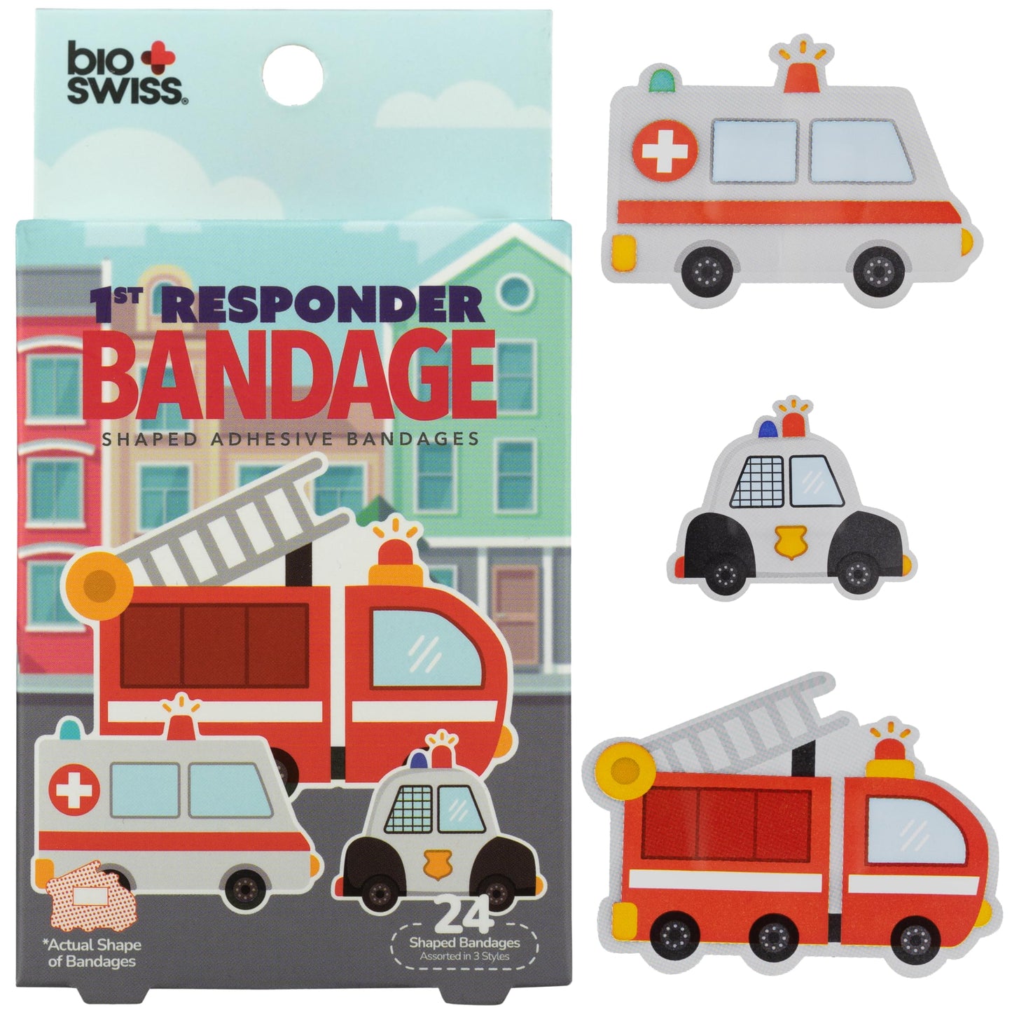 BioSwiss Bandages, First Responders Shaped Self Adhesive Bandage, Latex Free Sterile Wound Care, Fun First Aid Kit Supplies for Kids and Adults, 24 Count