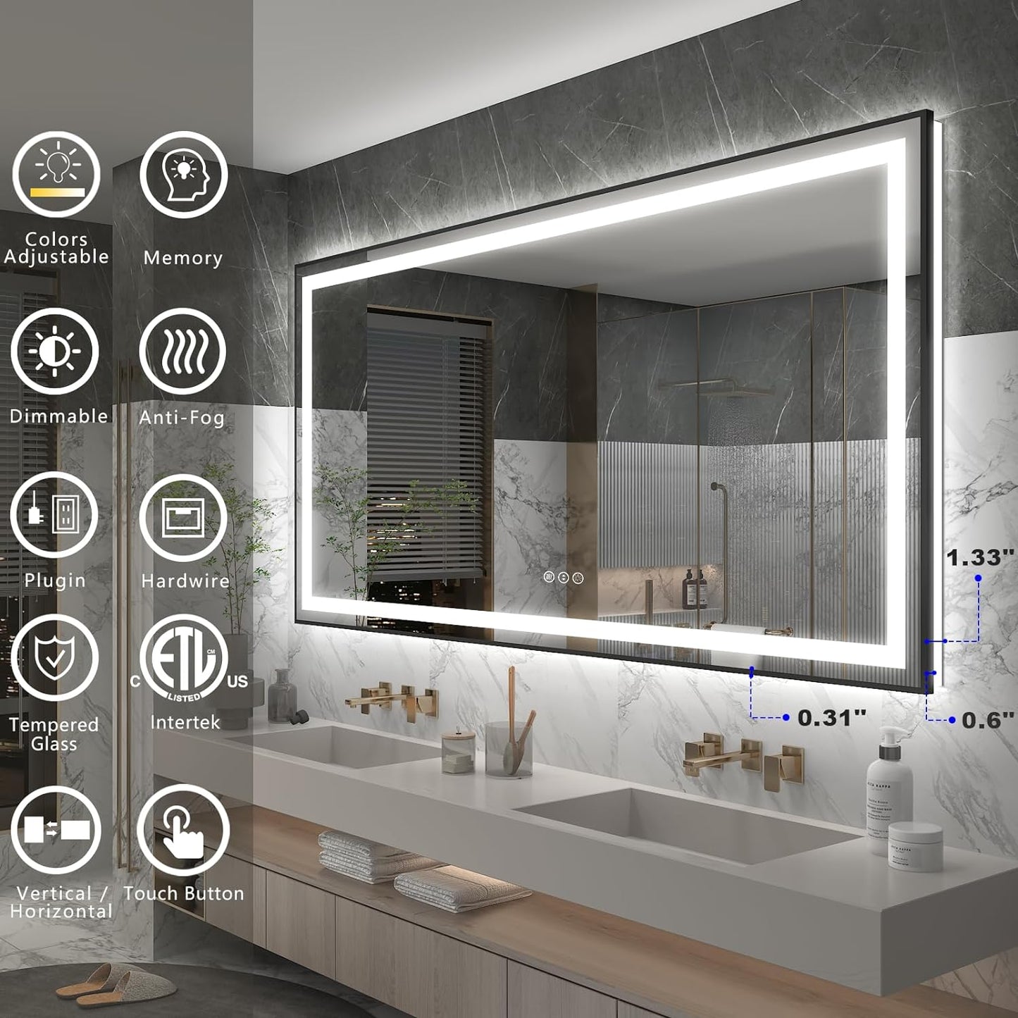 OKPAL Black LED Bathroom Mirror for Wall, 55x36 Frame Lighted Bathroom Mirror, Front and Backlit Lighted Vanity Mirror, Dimmable, Anti-Fog, Shatterproof, ETL Listed, Horizontal/Vertical
