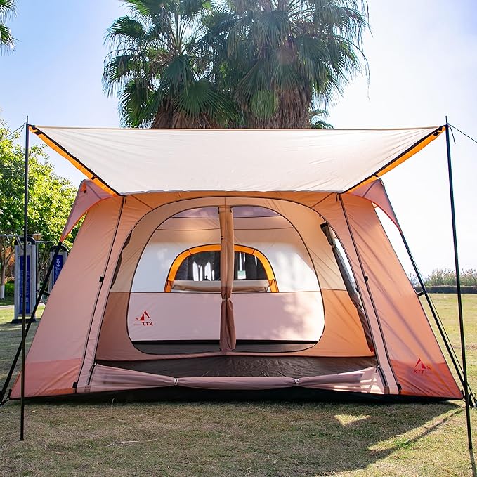 KTT Large Family Cabin Tent 10-12 Person,14.1X10X6.58ft,2 Rooms,3 Storage Pockets,2 Bay-Windows 3 Doors and 3 Windows with Mesh,Straight Wall,Waterproof,Double Layer,Big Tent for Outdoor,Camping