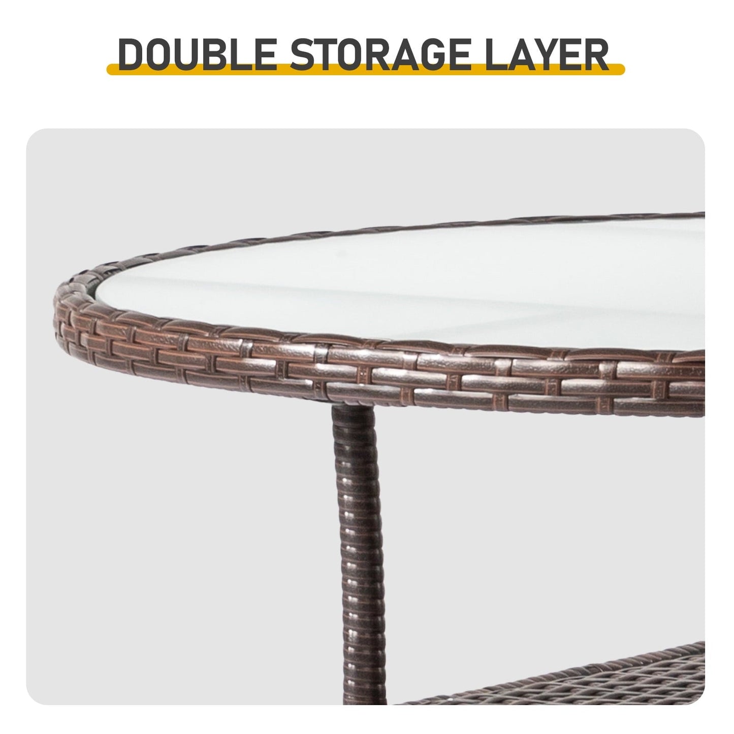Funnil Outdoor Patio Table, Round Wicker Rattan Bistro Tables with Storage Shelf and Glass Tabletop, All Weather Patio Dining Table, Brown