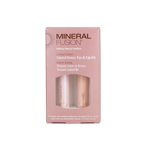 Mineral Fusion Lip Gloss + Mascara Makeup Kit, Natural Beauty Eye & Lip Duo, So Classy Voluminous Mascara in Jet Black & Shiny, Nourishing Pale Pink Lip Gloss, 2 Piece Make Up Gift Set for Women
