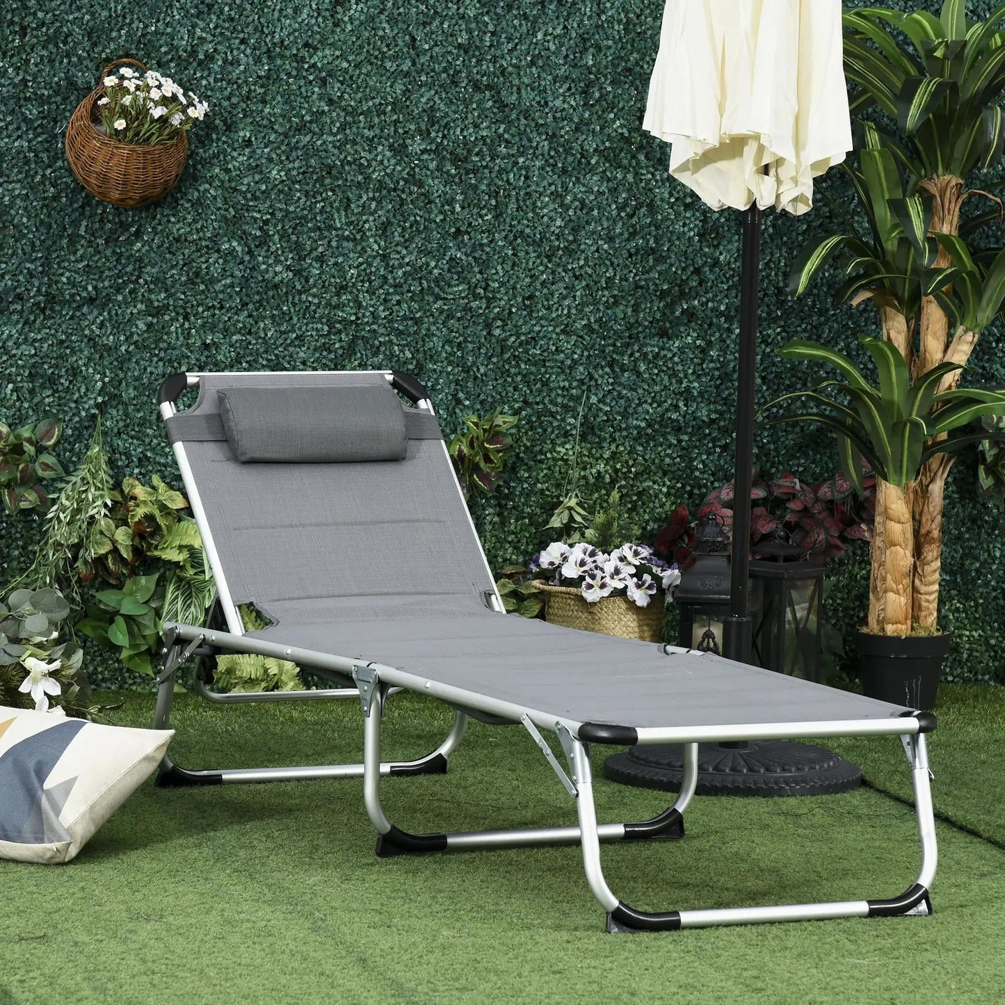 Resenkos Folding Lounge Chair Outdoor 5-Level Reclining Chaise Lounge Chair Outdoor Camping Tanning Chair, Gray