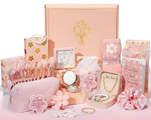 Birthday Gifts for Tween Teen Girls - 8 PCS Gifts Basket Teen Girl Gifts Trendy Stuff Girls Fun Empower Gift Box w/Task Tags Make up Brushes Makeup Bag, Graduation Gifts Idea for Her Niece Daughter