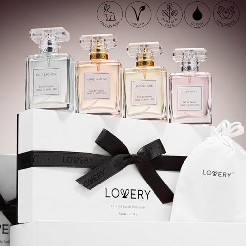 Christmas Gifts for Women, Perfume for Women, Women's Perfume Gift Set - 4pc Sampler With Vanilla Musk, Amber Noir, Blue Lagoon & Mary Rose Fragrances - Large Bottle of Floral Parfum Made in France