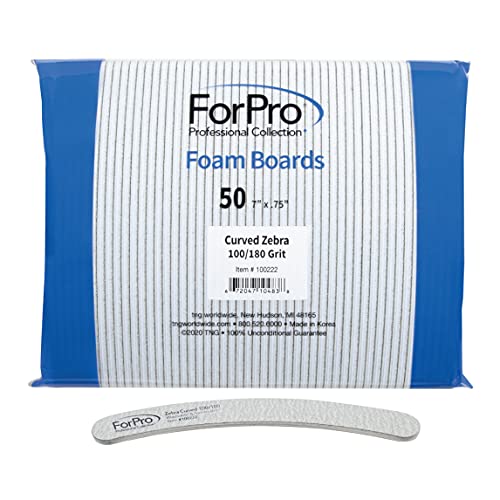 ForPro Professional Collection Zebra Curved Foam Board, 100/180 Grit, Double-Sided Manicure and Pedicure Nail Files, 7” L x .75” W, 50-Count