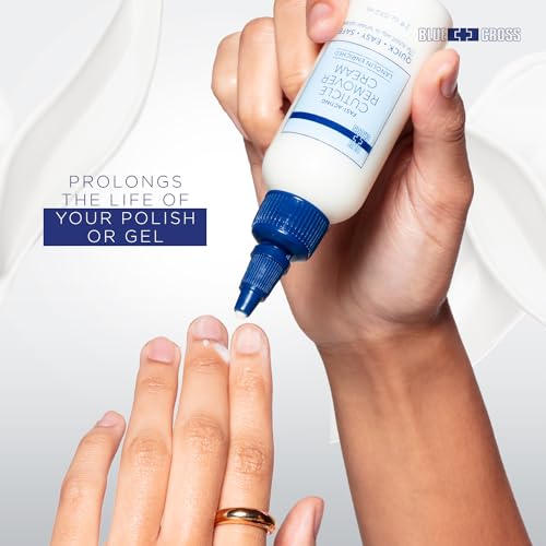 Blue Cross Cuticle Remover Cream for Dry Damaged Cuticles, Moisturizing Cuticle Softener for Nails, Professional Nail Care for Dry Manicures, Brittle Hang Nails, Made in USA, 4oz