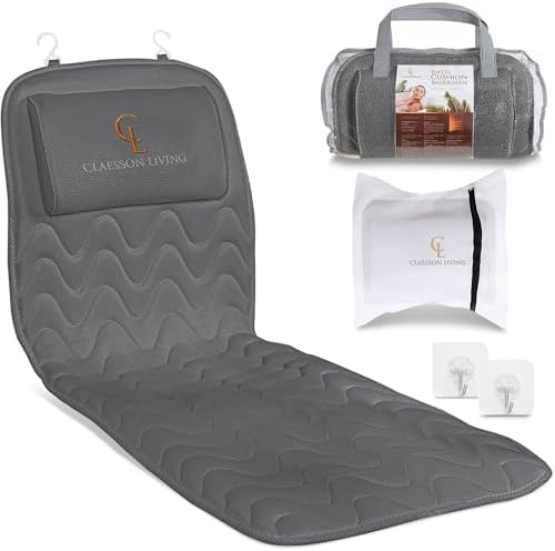 Full Body Bath Pillow (17'' x 49'') - Bathtub Cushion with Headrest Supports Neck, Back and Legs - Free Hanging Hooks for Fast Drying Over Tub - Includes Washing and Travel Bags - Gray