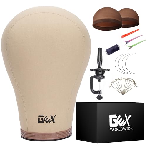 GEX 20"-24" Cork Canvas Block Head Mannequin Head Wig Display Styling Head With Mount Hole (Light Brown, 22")