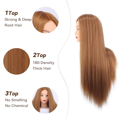 Mannequin Head Human Hair, 80% Real Hair 26-28" Cosmetology Mannequin Head Hair Styling Hairdressing Practice Training Doll Heads with Clamp Holder and Tools (#27 Light Brown)