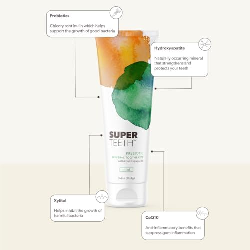 SuperTeeth Prebiotic Mineral Toothpaste for Adults & Kids with Hydroxyapatite | Fights Cavities & Plaque Buildup | Breath Freshener | Fluoride Free & SLS Free | Remineralizes Teeth | USA-Made | Mint