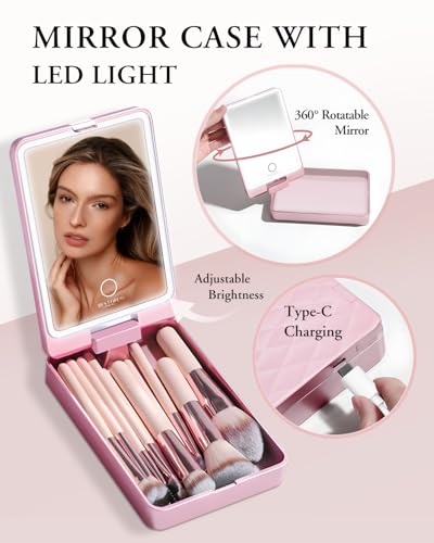 Makeup Brushes with Case, 20PCs Travel Makeup Brush Set, Foundation Concealer Blush Eyeshadow Brush Set Contour Powder Eyebrow Eyelash Brush Kit with Led Light Mirror Holder & 2 Powder Puff-Pink