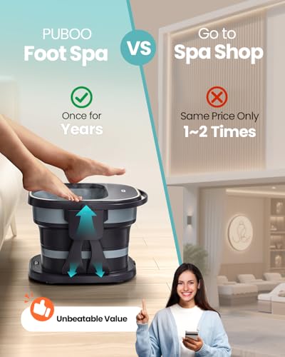 Puboo Collapsible Foot Spa with Heat and Remote – Electric Foot Bath Massager with 16 Motorized Rollers, Adjustable Temperature, Compact Design – Ideal Gift for Home Wellness & Stress Relief