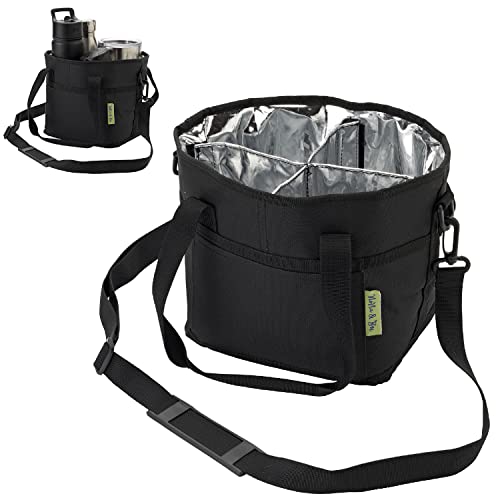 NoNa & Bee 4 Water Bottle Holder with Strap | Family Size 4 Compartment Drink Bag, Multiple Tumbler Carrier Caddy | Adjustable Fits Large & Small Drinks | Hands Free, Won't Tip Over in Car (Black)