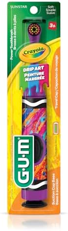 GUM Crayola Power Toothbrush for Kids, Extra Soft Bristled Toddler Toothbrushes, Travel Cap + Suction Cup Base, Batteries Included, 1 Count(Pack of 2)