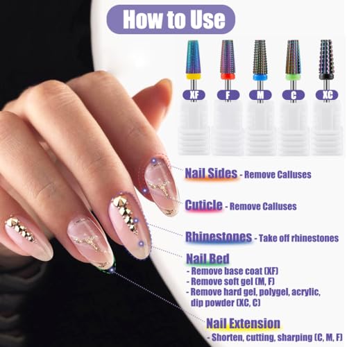 Yakamoz 5Pcs Carbide Nail Drill Bits Set, 3/32 Inch Shank Professional Nail File Drill Bits XC C M F XF Nail E File Bits Safety Efile Nail Bits for Acrylic Nails Gel Polish Manicure, 2 Way Rotate