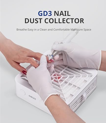 AIRSEE GD3 Powerful Nail Dust Collector, Professional Manicure Pedicure Vacuum for Acrylic Gel Nail Polishing with Reusable Filter, Home & Salon, White