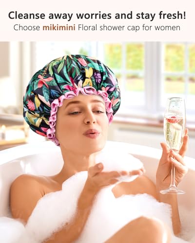 mikimini Rainforest Large Shower Caps Pack of 2, Shower Cap for Women Long Hair with Pink Lace, Reusable Waterproof Shower Hat for Girls