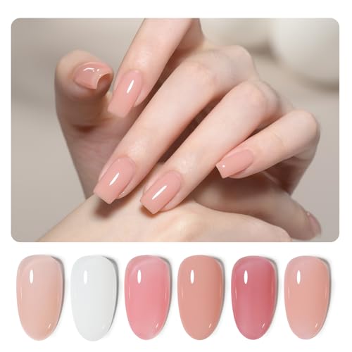 GAOY 6 Colors Rubber Base Gel Set, Jelly Builder Base Nail Gel Nude Sheer White Pink, 2-in-1 Soak Off Nail Strengthener, Blush Jelly