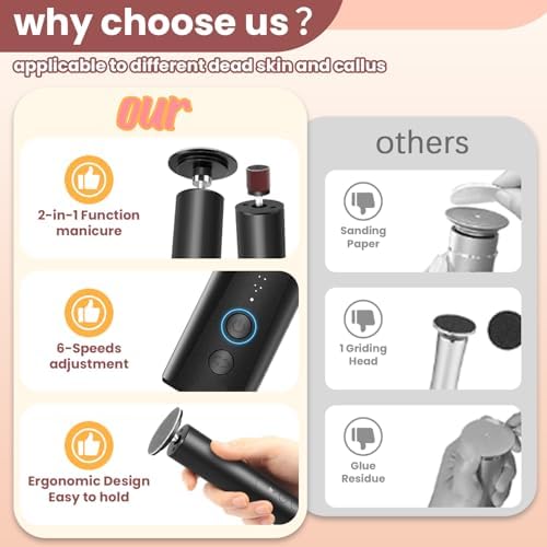 Electric Foot Callus Remover, 2 in 1 Electric Foot File Nail Grinder with 6 Speed, Rechargeable Callus Remover for Feet with 2 Mode Disc Sandpaper, Foot Sander Tool for Feet Dry Dead Skin