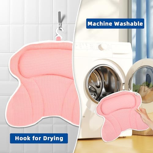 Bath Pillow, Bath Pillows for Tub Neck and Back Support, Bathtub Pillows for Head and Neck with 6 Strong Non-Slip Suction Cups, 4D Air Mesh, Bath Accessories Spa Gifts for Women(Pink)