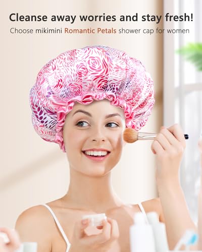 mikimini Shower Caps, Reusable Bath Shower Caps 2 Packs for Women Long Hair, Double Layer Waterproof Bathing Shower Hat for Girls, Floral Print